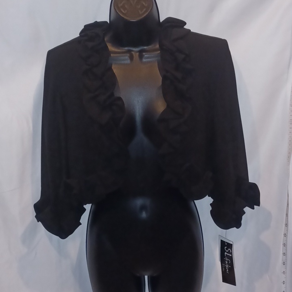 SL Fashions sheer sleeve, ruffle front and sleeve bolero jacket, NWT